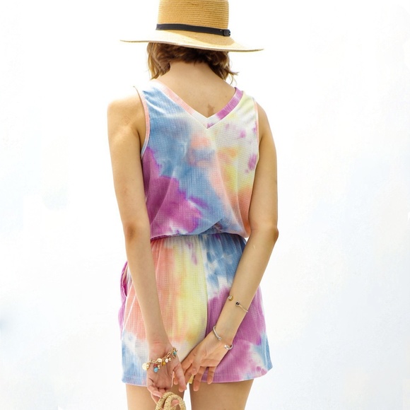 My Story Women's Purple Pink Tie Dye Summer V-Neck Drawstring Romper - Picture 6 of 7